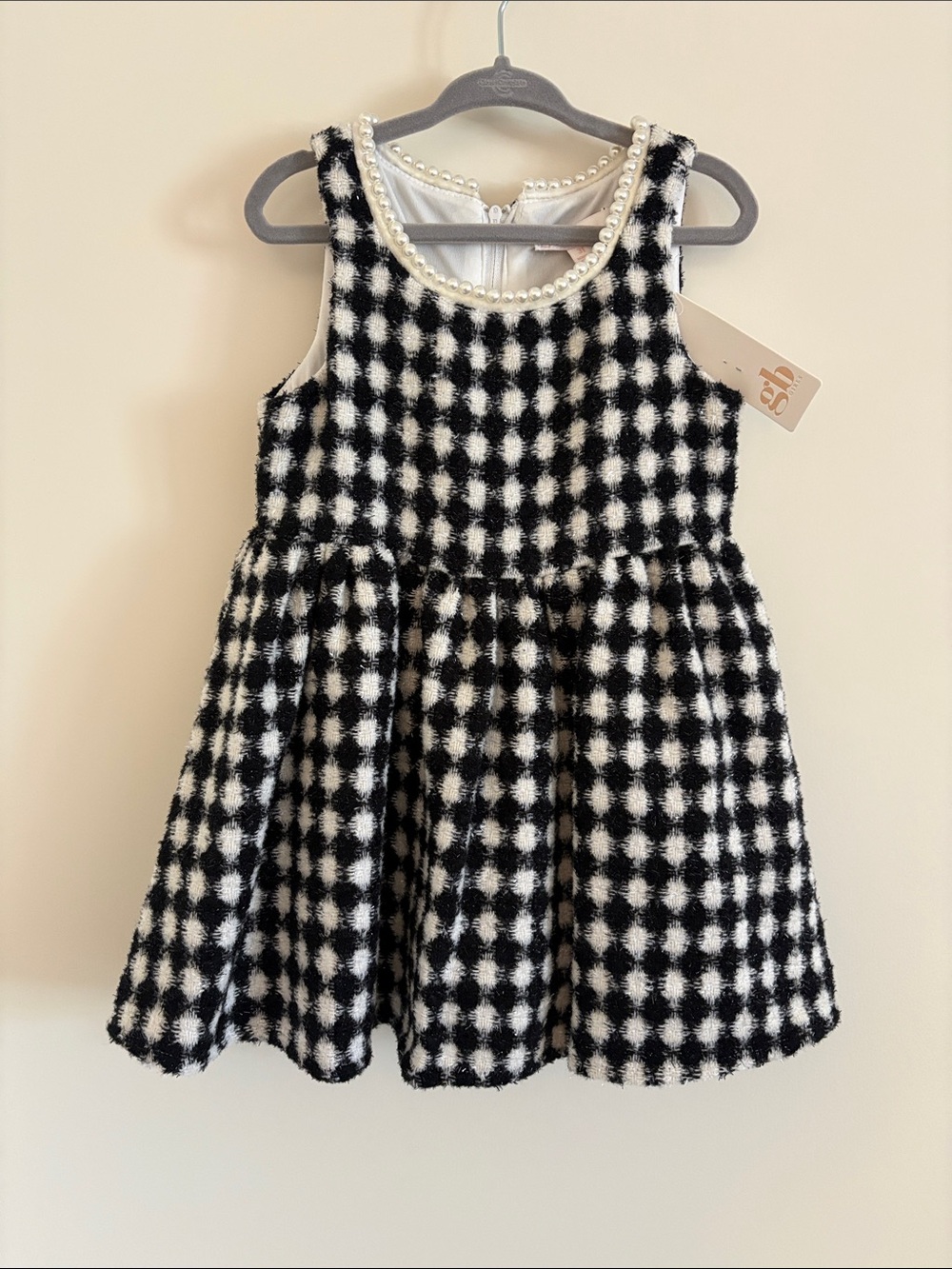GB girls Black & White Check Pearl-Trim Sleeveless Dress